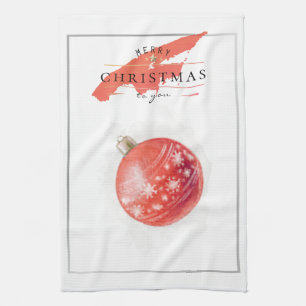 Stylish Watercolor Christmas Tree Red Ball Tea Towel