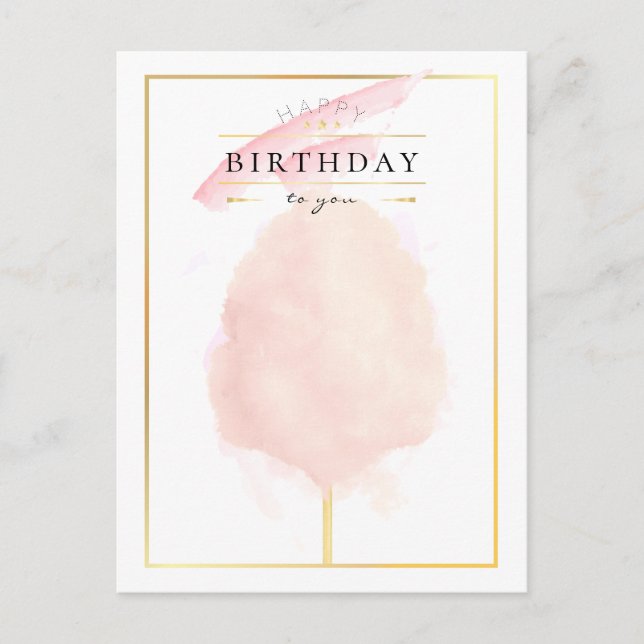 Stylish Watercolor Cotton Candy Birthday Postcard (Front)