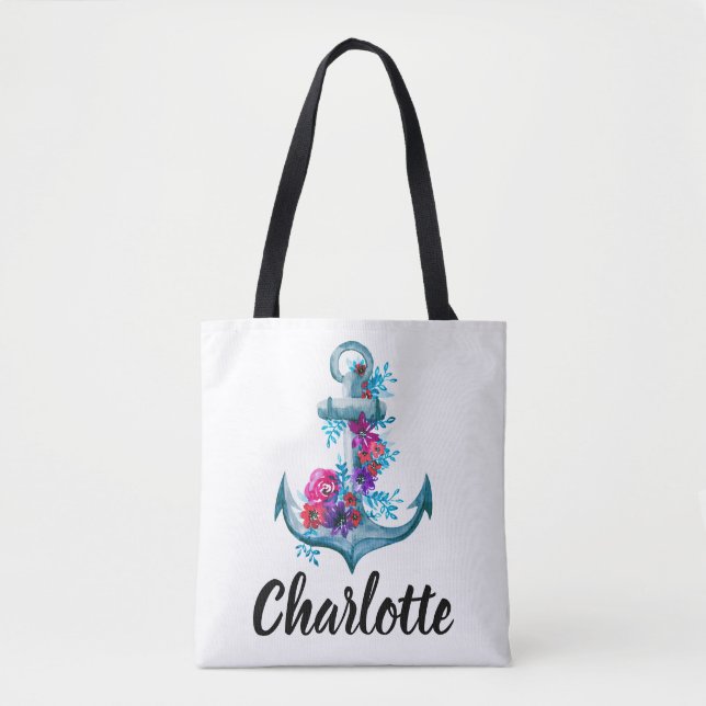 Stylish Watercolor Floral Anchor Illustration Tote Bag (Front)