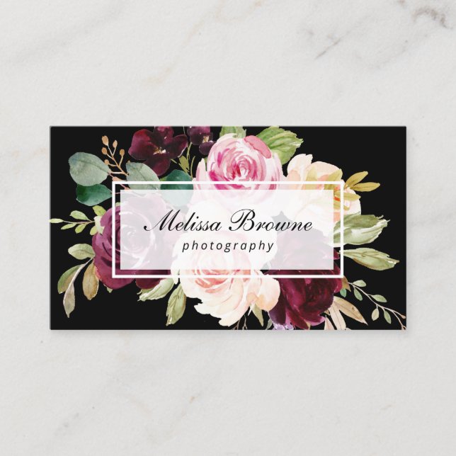 stylish watercolor floral black photography business card (Front)