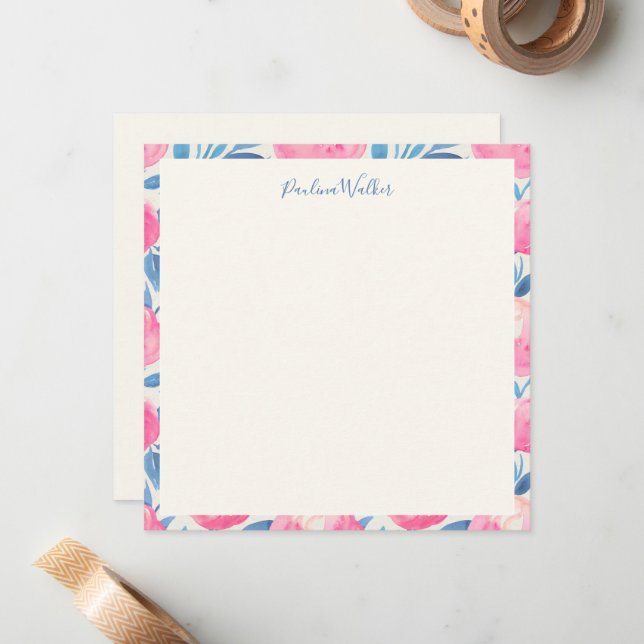 Stylish Watercolor Floral Blue Pink Personalised  Card (Front/Back In Situ)