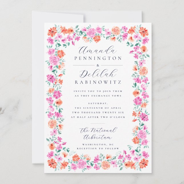 Stylish Watercolor Floral Frame Feminine Wedding Invitation (Front)
