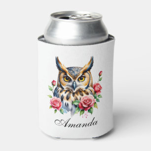 Stylish Watercolor Floral Owl Can Cooler