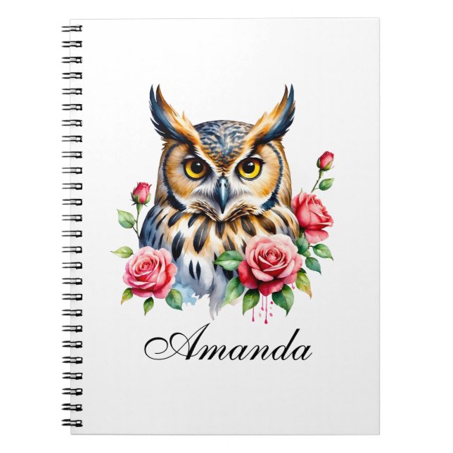 Stylish Watercolor Floral Owl Notebook (Front)