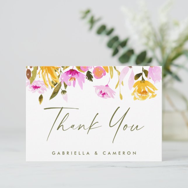 Stylish Watercolor Floral Personalised Wedding Thank You Card (Standing Front)