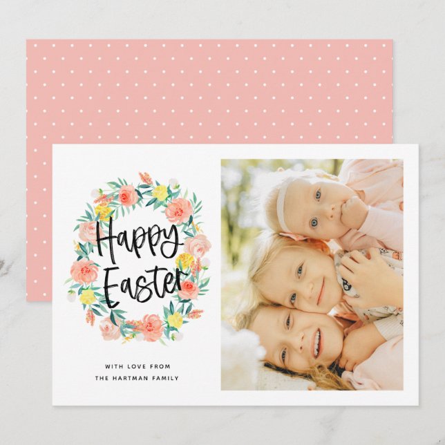 Stylish Watercolor Floral Wreath Easter Photo Holiday Card (Front/Back)