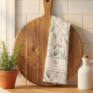 Stylish Watercolor Green Eucalyptus Monogram Tea Towel