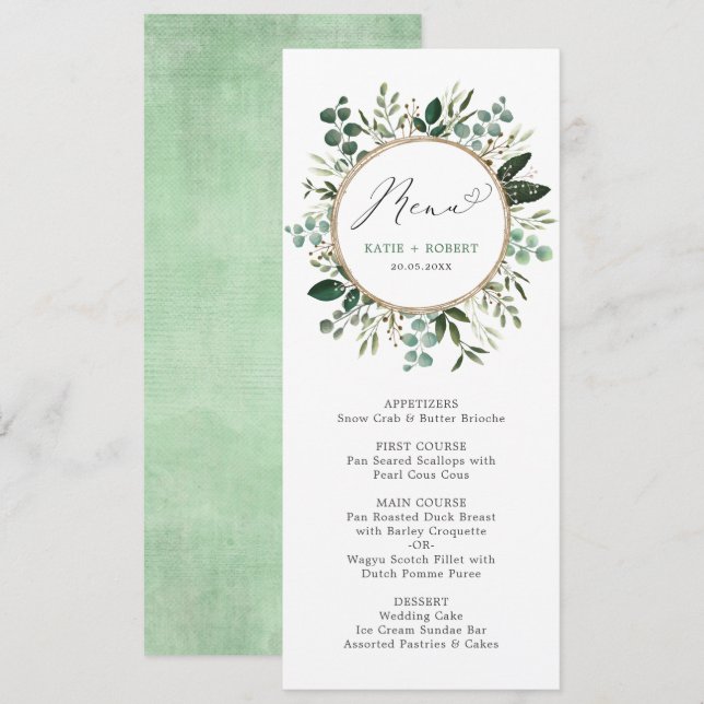 Stylish Watercolor Greenery Gold Wedding Menu Invitation (Front/Back)