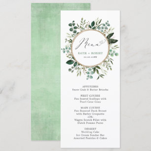 Stylish Watercolor Greenery Gold Wedding Menu Invitation