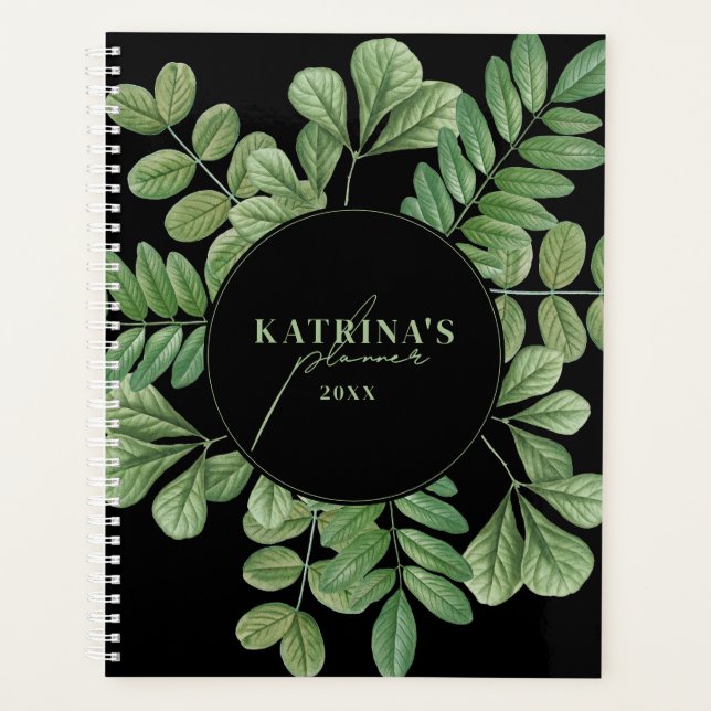Stylish Watercolor Greenery on Black Planner (Front)
