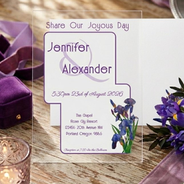 Stylish Watercolor Iris Purple Acrylic Wedding  Invitations (Creator Uploaded)