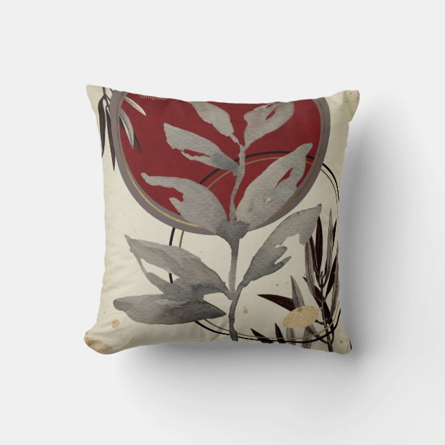 Stylish Watercolor Leaves | Burgundy & Cream Cushion (Front)