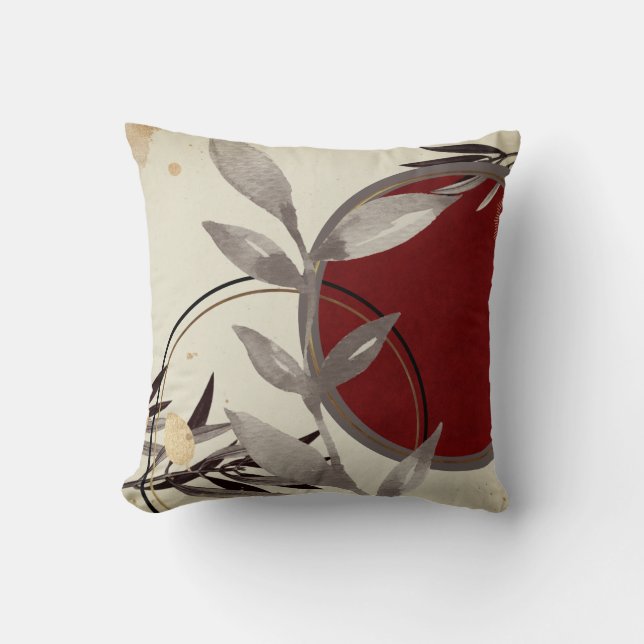 Stylish Watercolor Leaves | Cream & Burgundy Cushion (Front)