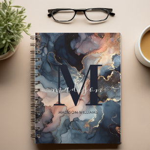 Stylish Watercolor Marble Pink Blue Gold Monogram  Notebook