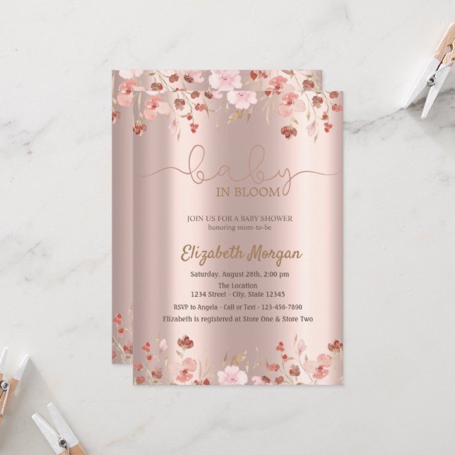 Stylish Watercolor Meadow Baby in Bloom  Invitation (Front/Back In Situ)