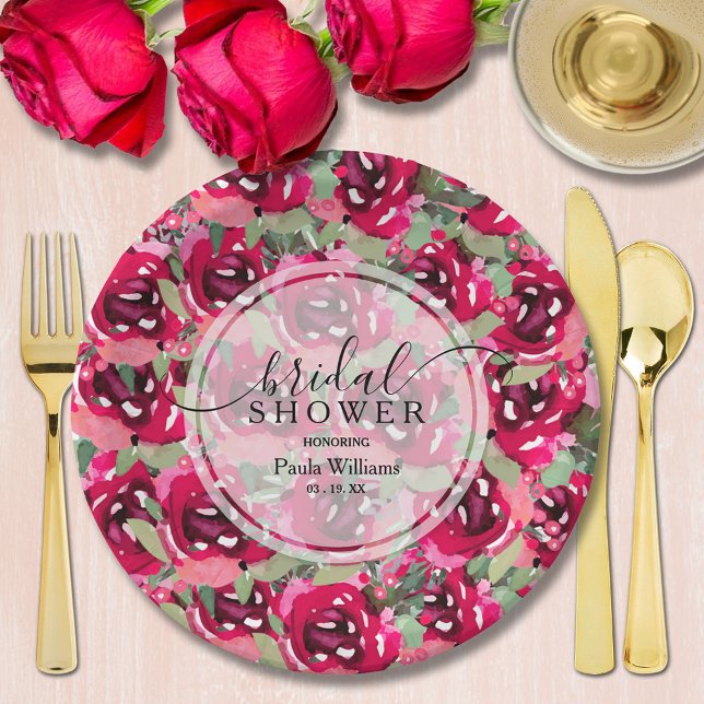 Stylish Watercolor Pink Floral Bridal Shower Paper Plate (Chic pink watercolor floral bridal shower personalized paper plates)