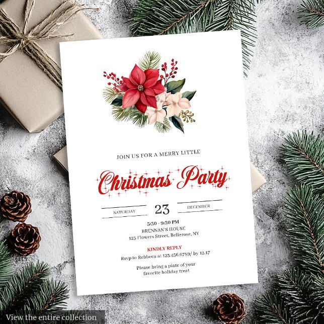 Stylish Watercolor Poinsettia Floral Christmas  Invitation (Stylish Watercolor Poinsettia Floral Christmas Invitation)