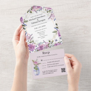 stylish watercolor purple floral qr code wedding  all in one invitation