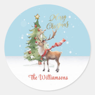 Stylish Watercolor Reindeer Tree Christmas Card Classic Round Sticker