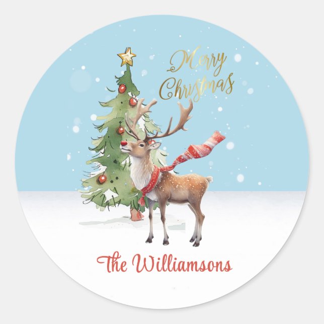 Stylish Watercolor Reindeer Tree Christmas Card Classic Round Sticker (Front)