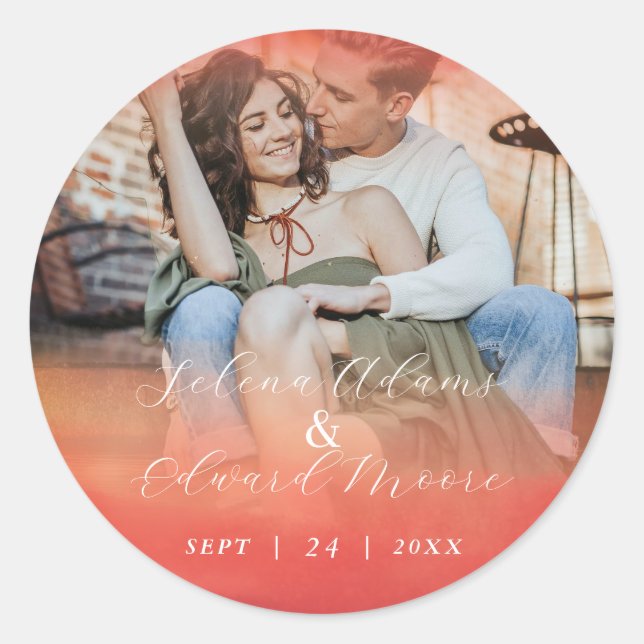 Stylish Watercolor Rose Gold Photo Wedding Classic Round Sticker (Front)