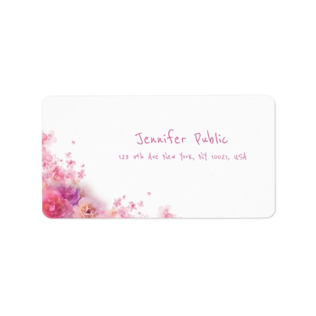 Stylish Watercolor Roses Modern Hand Script Floral Label (Front)