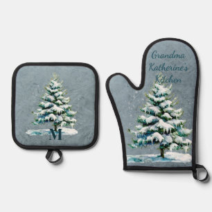 Stylish Watercolor Snowy Evergreen Personalised Oven Mitt & Pot Holder Set
