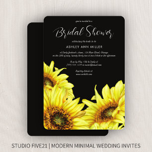 Stylish Watercolor Sunflower Black Wedding Shower Invitation