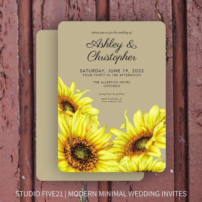 Stylish Watercolor Sunflower Khaki Wedding Invitation (Creator Uploaded)