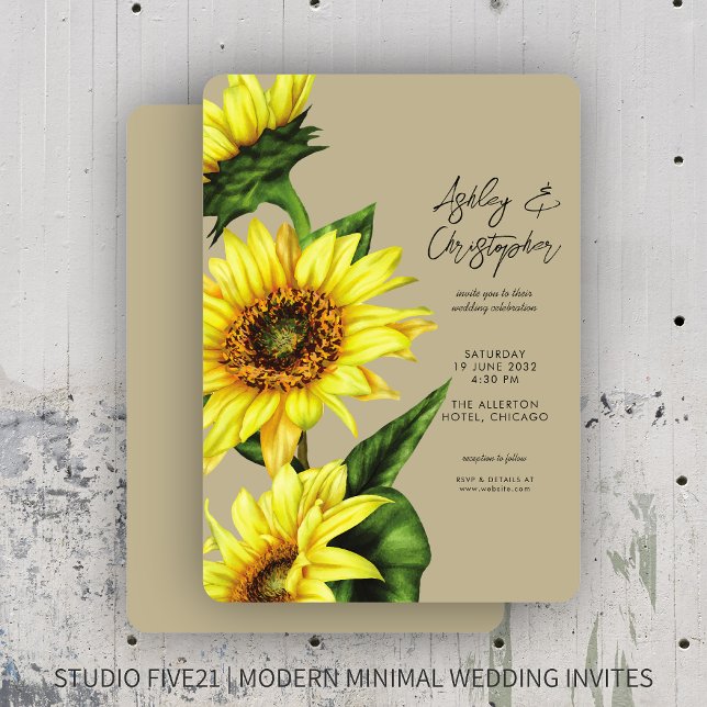 Stylish Watercolor Sunflower Khaki Wedding Invitation (Creator Uploaded)