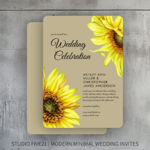 Stylish Watercolor Sunflower Khaki Wedding Invitation