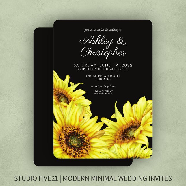 Stylish Watercolor Sunflower Smoke Black Wedding Invitation (Creator Uploaded)