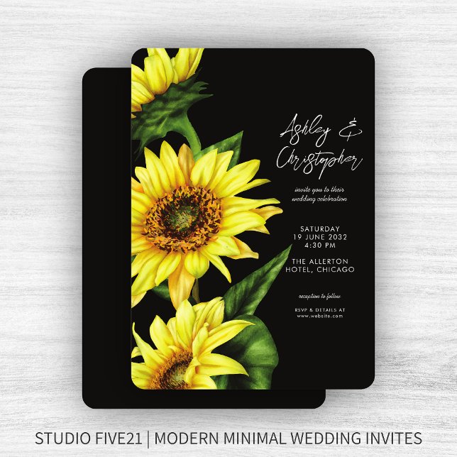 Stylish Watercolor Sunflower Smoke Black Wedding Invitation (Creator Uploaded)