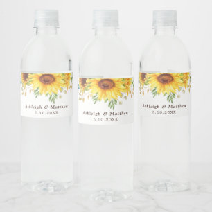 Stylish Watercolor Sunflowers Boho Garden Wedding Water Bottle Label