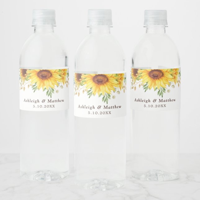 Stylish Watercolor Sunflowers Boho Garden Wedding Water Bottle Label (Bottles)