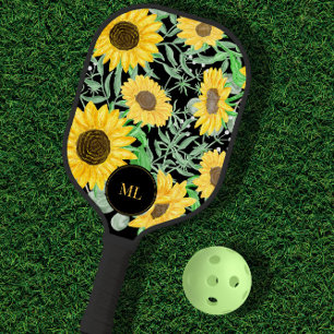 Stylish Watercolor Sunflowers Monogrammed Pickleball Paddle