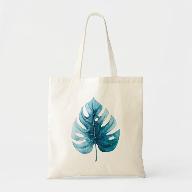 Stylish Watercolor Tropical Blue Monstera Leaf Tote Bag (Front)