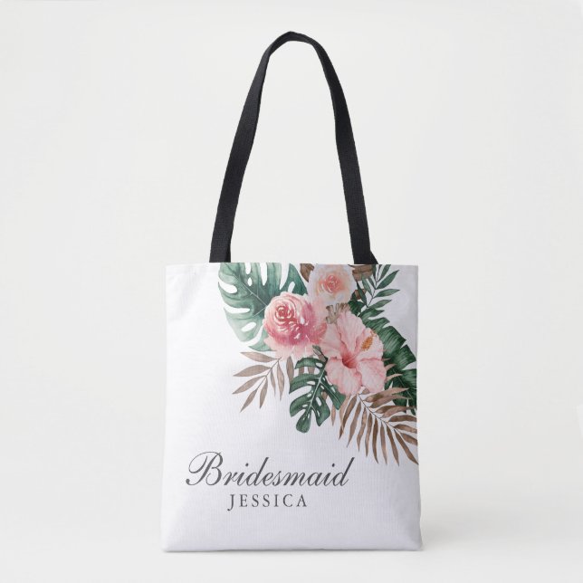 Stylish Watercolor Tropical Bridesmaid Tote Bag (Front)