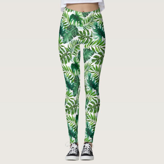 Stylish Watercolor Tropical Leaves Pattern Leggings (Front)