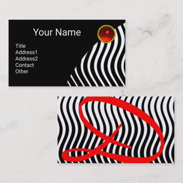 STYLISH WAVES BLACK WHITE Red Ruby Monogram Business Card (Front/Back)