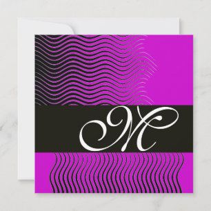 STYLISH WAVES MONOGRAM, black and white,purple Invitation