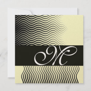 STYLISH WAVES MONOGRAM,black white,gold metallic Invitation