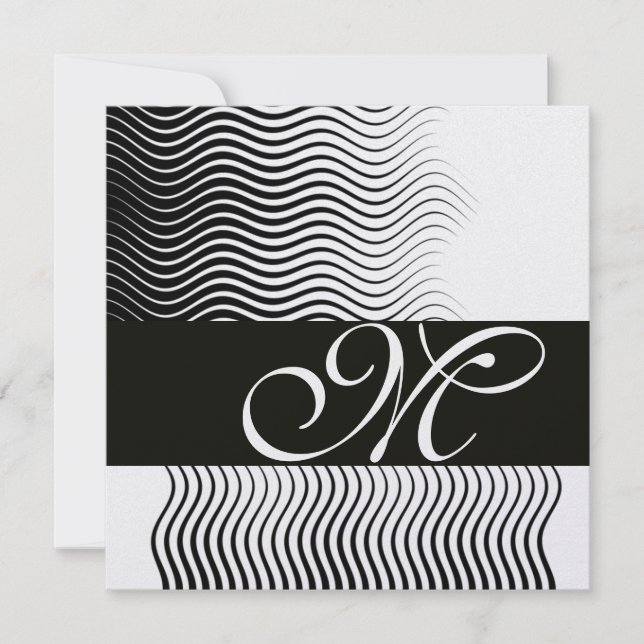 STYLISH WAVES MONOGRAM,black white,ice metallic Invitation (Front)