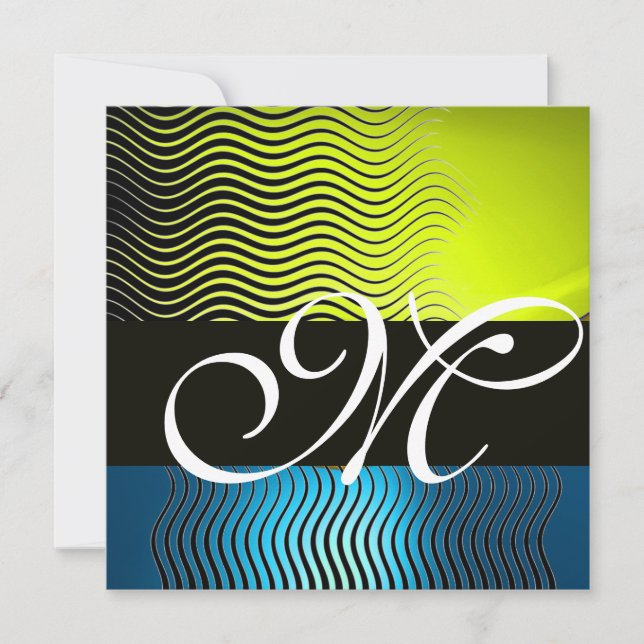 STYLISH WAVES MONOGRAM, yellow blue sapphire Invitation (Front)