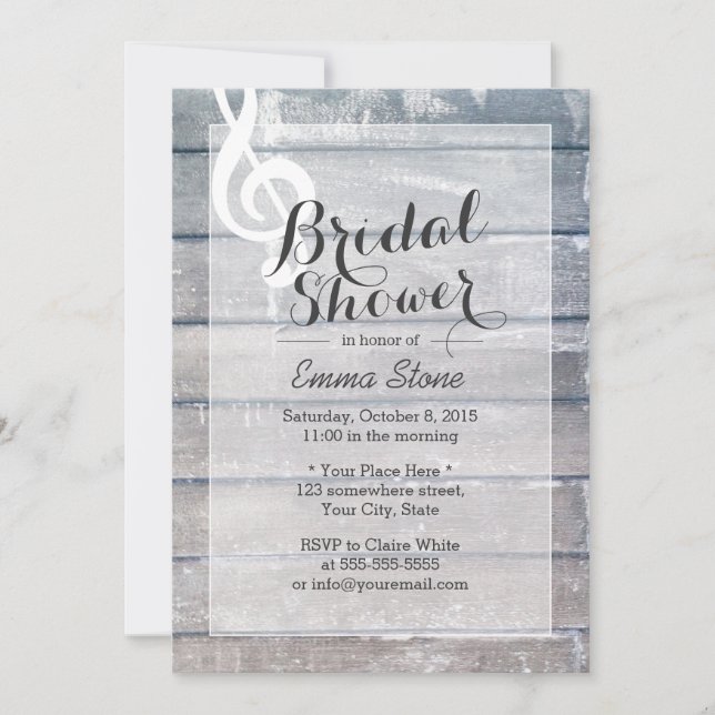 Stylish Weathered Wood Musical Bridal Shower Invitation (Front)