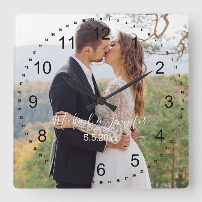 stylish wedding day photo square wall clock (Front)