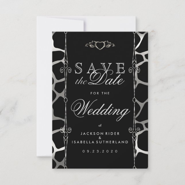 Stylish Wedding in Silver & Black Giraffe Pattern Save The Date (Front)