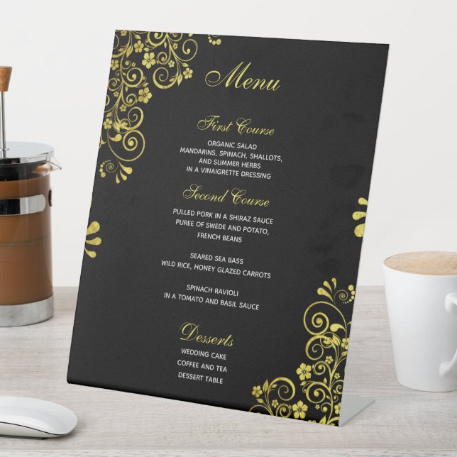 Stylish Wedding Menu Black Gold   Pedestal Sign (In SItu)
