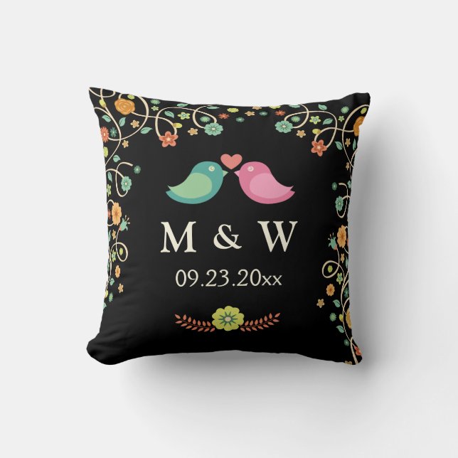 Stylish Wedding Monogram Floral Love Birds Couple Cushion (Front)