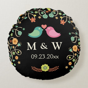 Stylish Wedding Monogram Floral Love Birds Couple Round Cushion